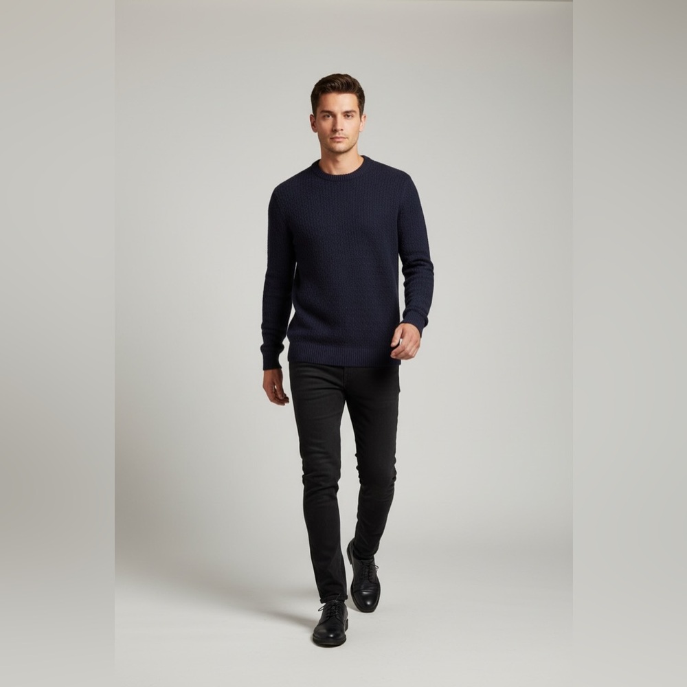 THEORY Men's Deep Blue Textured Knit Crewneck Sweater Size M scalloped pullover - Picture 2 of 8